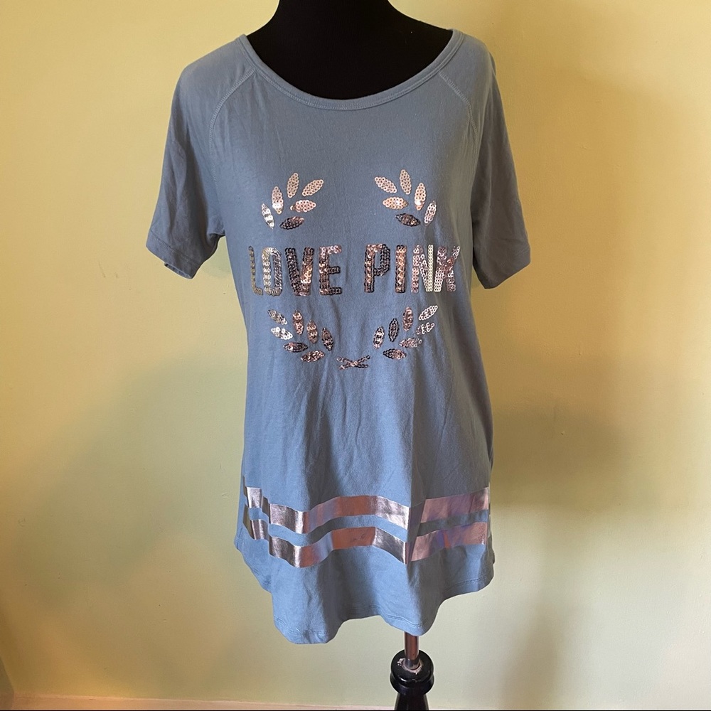 Victoria's Secret PINK Victoria's Secret Blue Short Sleeve Sequin Logo Top